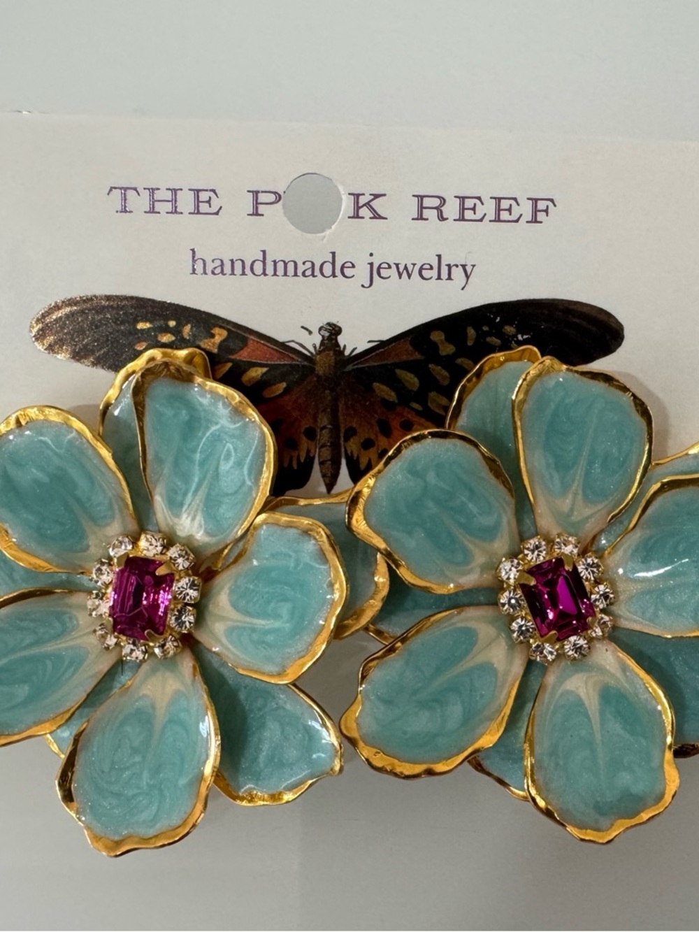 The Pink Reef Handpainted Turquoise Enamel Flower Earrings With Gold Trim